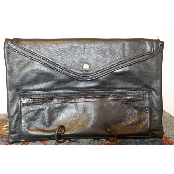 Vintage Black Leather Envelope Strapless Unisex Clutch Bag 9" x 13" Boho Hippie - Picture 2 of 16